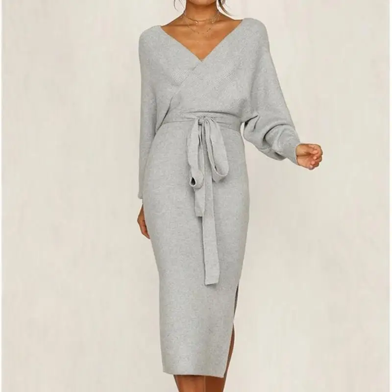 Женское осенне-зимнее платье миди с v-образным вырезом и разрезом по бокам