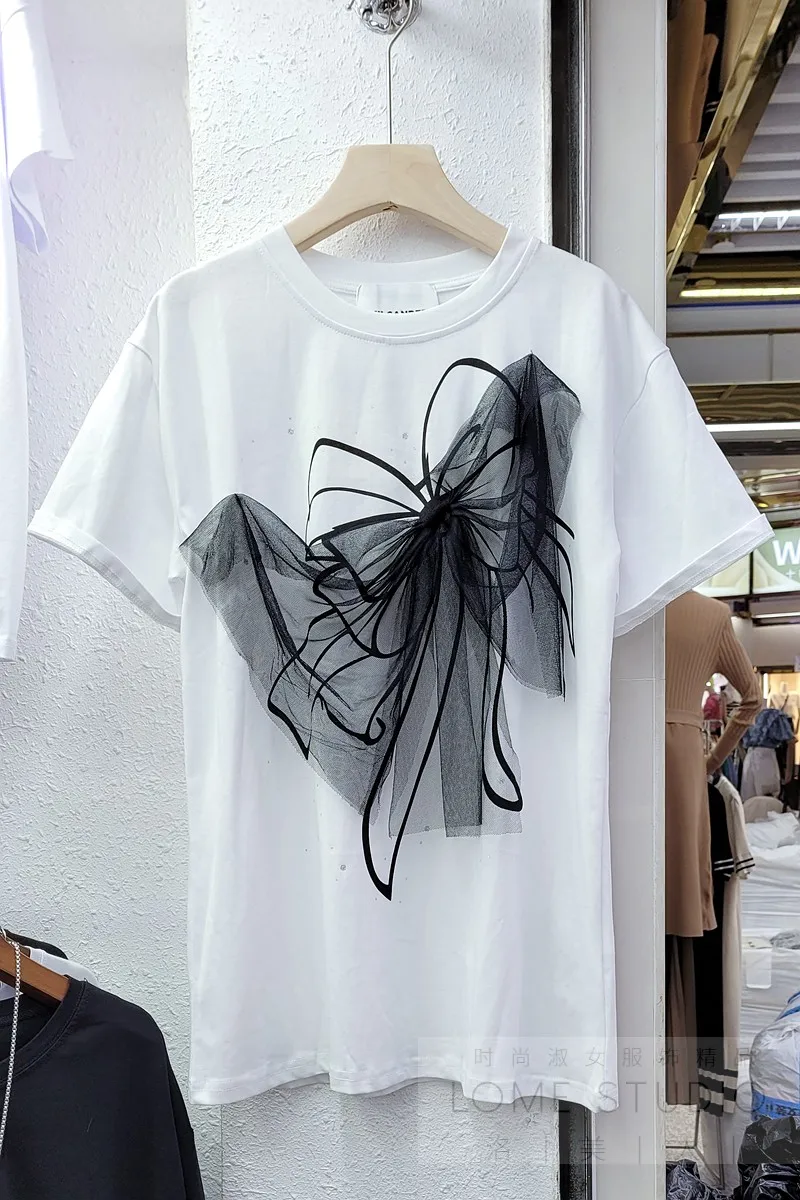 

2021 Summer New Casual Fashion Lady Black Mesh Bow Patchwork Long T-shirt Women Short-Sleeved All-match Loose Top