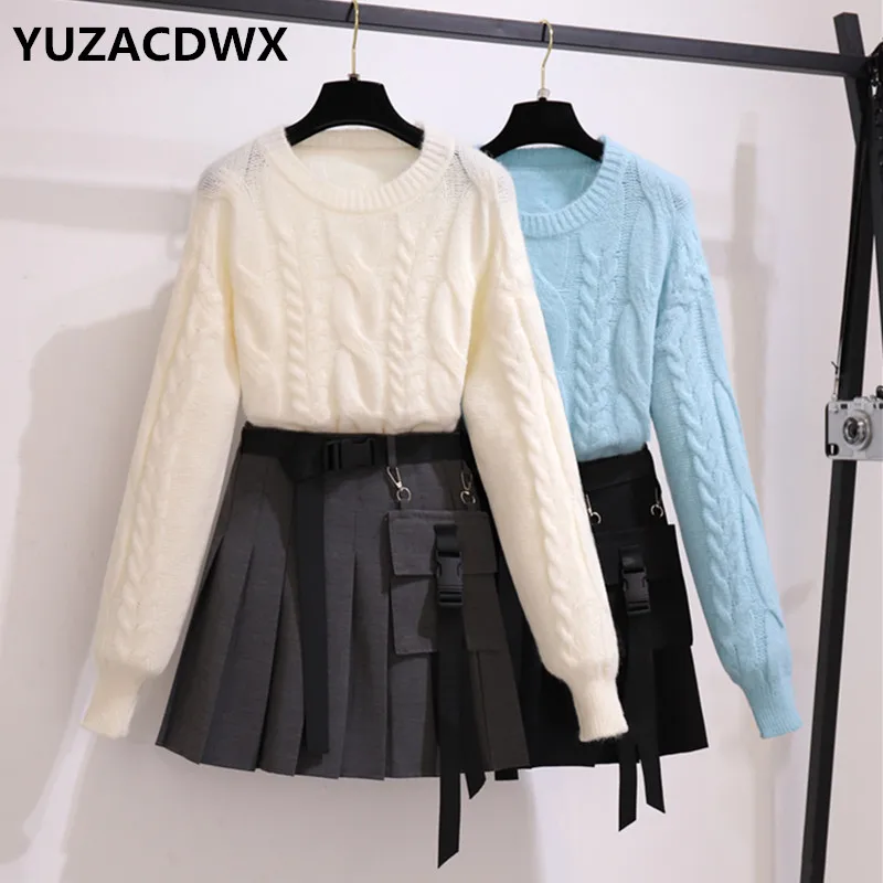 

YUZACDWX Winter Solid Sweater Suits Women Ensemble Femme Fall Knit Pullover Jumper Tops+Pleated Mini Skirts Two Piece Set Women