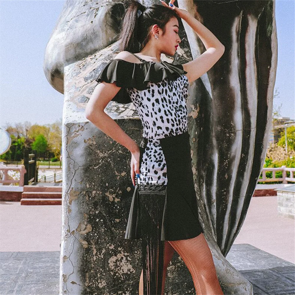 

Sexy Leopard Print Tulle Skirt Slit Black Tassel Latin Dance Skirt Women National Standard Dance Practice Skirt