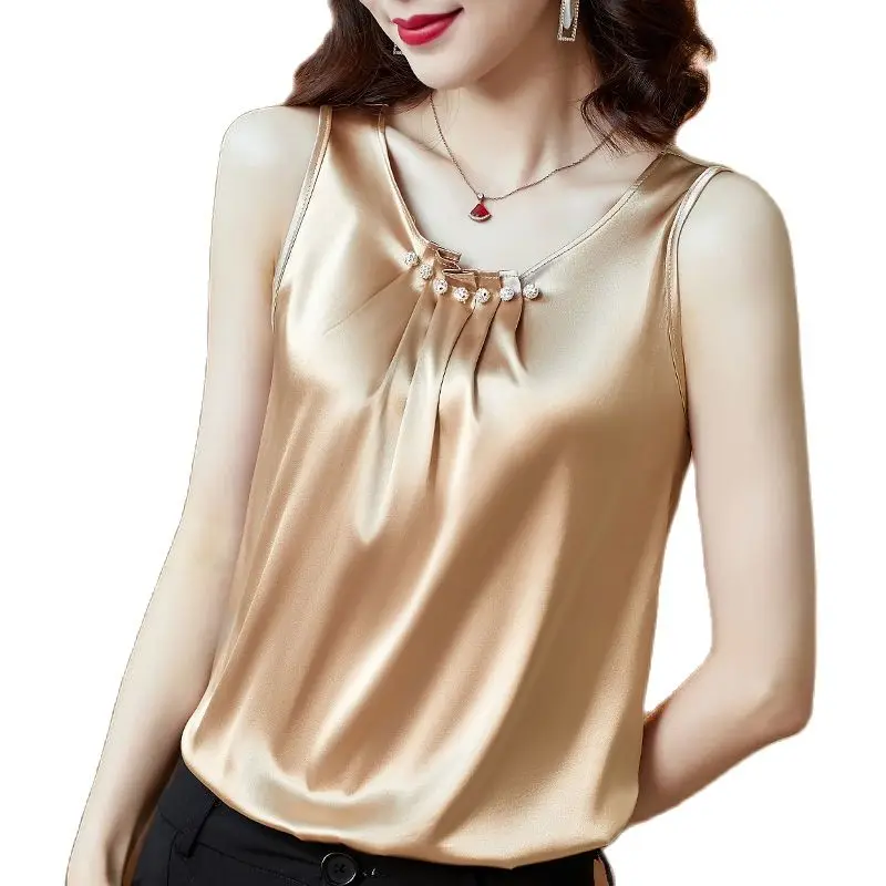 

Women Spring Summer Style Faux Silk Blouses Shirts Lady Casual Sleeveless Beading CBlusas Tops DF4126