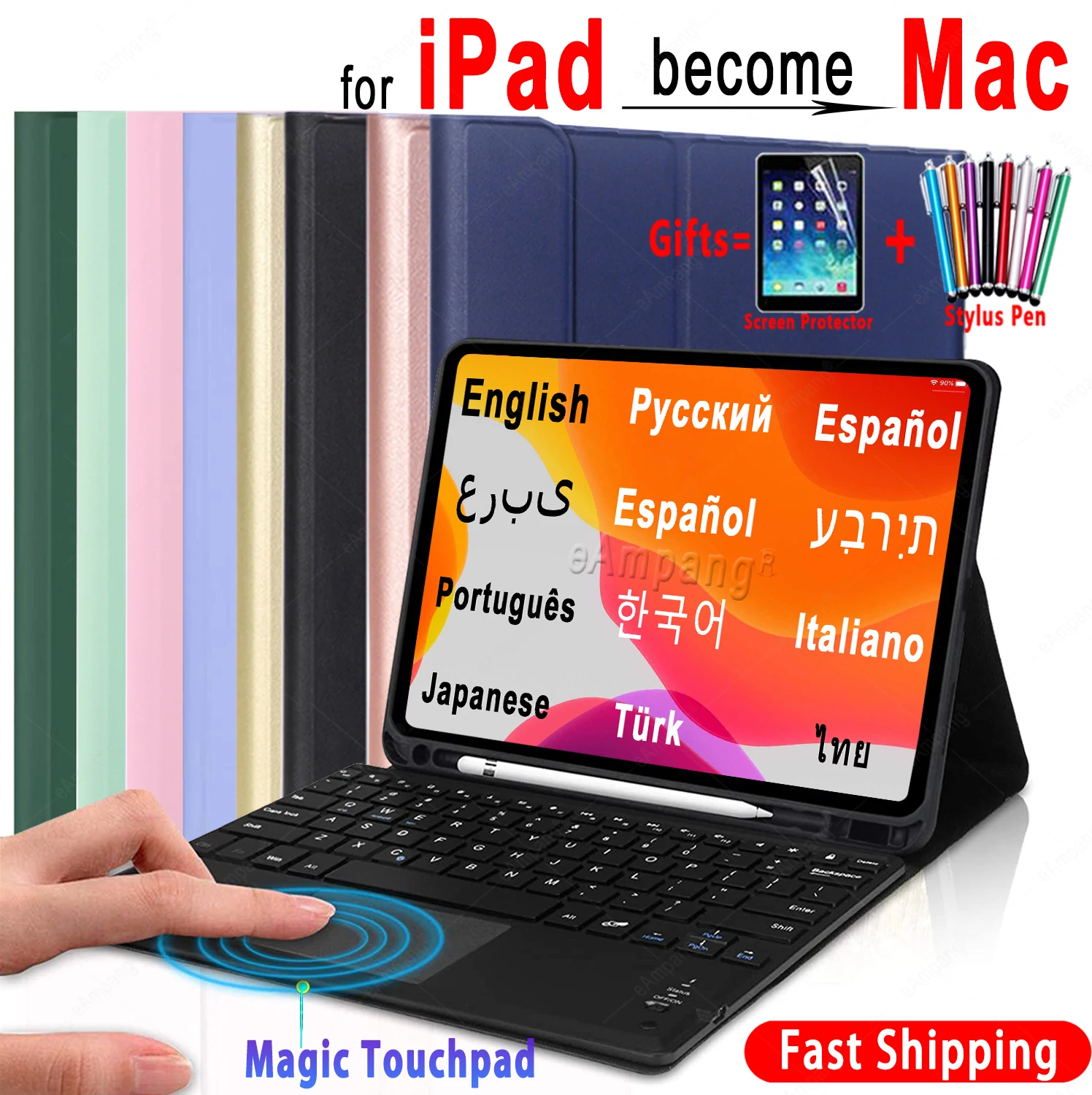 

Magic TouchPad Keyboard Case for iPad Air 4 4th 3 10.2 8th 2020 7th 9th 9.7 5th 6th Pro 10.5 11 Russian Spanish Arabic Hebrew
