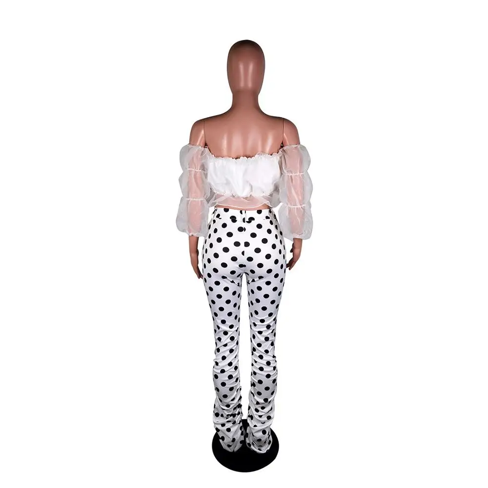 

Fashion Women Two Piece Set Polka Dot stracked jogger sweatpant Slash Neck Crop + Long Pants Tracksuit Suit For Women