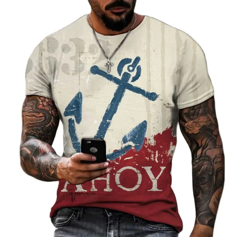 

3D printing men's short-sleeved T-shirt designer sexy clothing urban fashion O-neck shirt anchor pattern Hundra Pagoda top