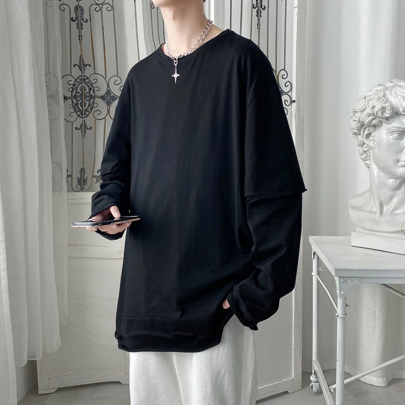 

Fake Two Long Sleeve Men Tshirt Autumn Loose Fashion Hip Hop Ripped Hole Black White Tops Tee Oversized Punk Japanese Streetwear