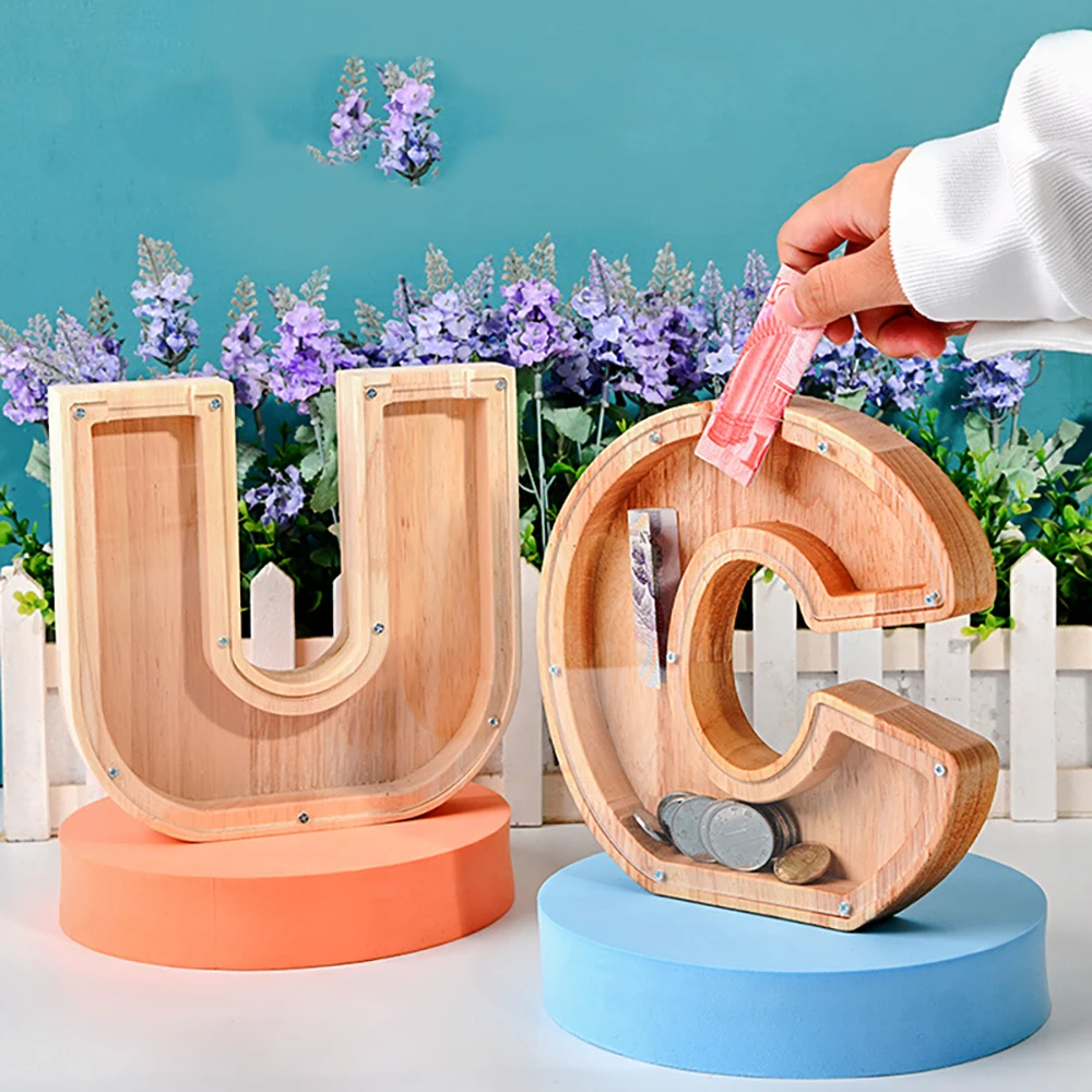 

New Piggy Bank Basic Life Skill Toy Creative Wooden 26 English Letters Transparent Glass Piggy Bank Print Logo Available Gift