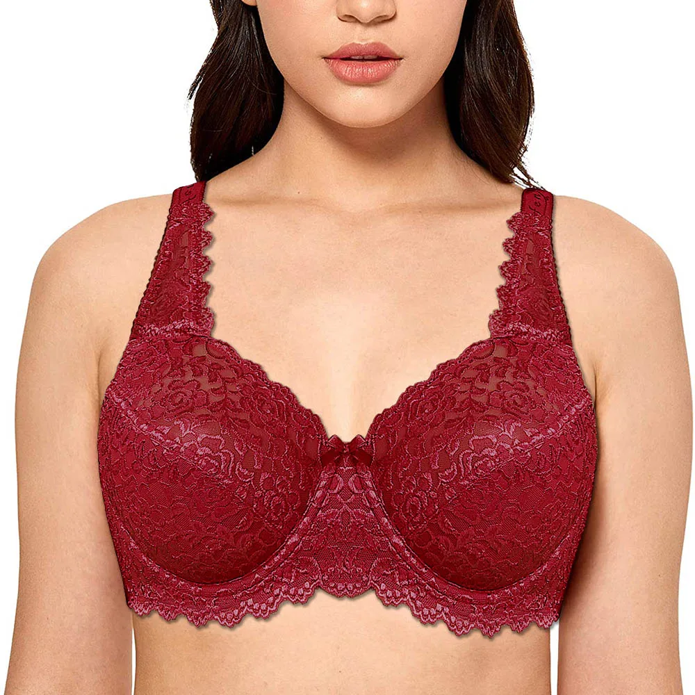 Women Lace Bra Full Coverage Bras Red Underwire Unlined Big Size Floral C D E F G H I 34 36 38 40 42 44 46