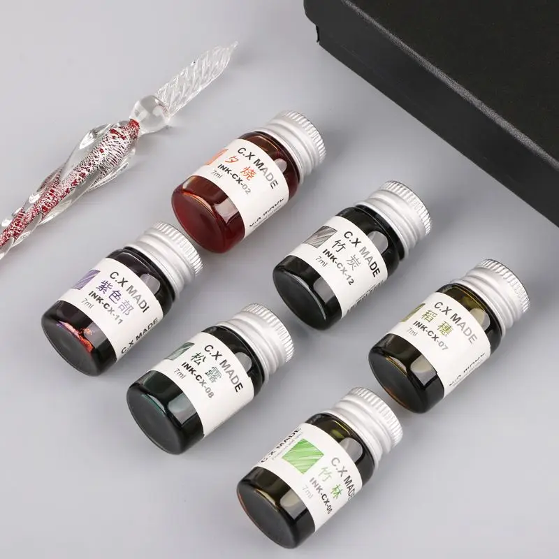 

12pcs Gold Powder Colored Bottled Glass Dip Pen Ink Set Fountain Writing Signature Box Gift 7ML Dropshipping