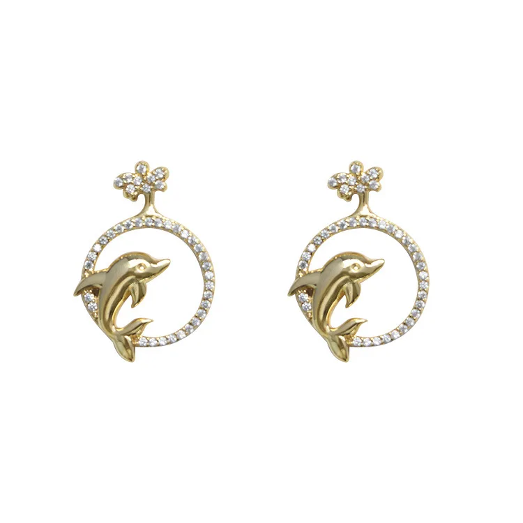 

Silver pin earrings with real gold plated animal dolphin earrings diamond inlaid golden temperament earrings custom jewelry