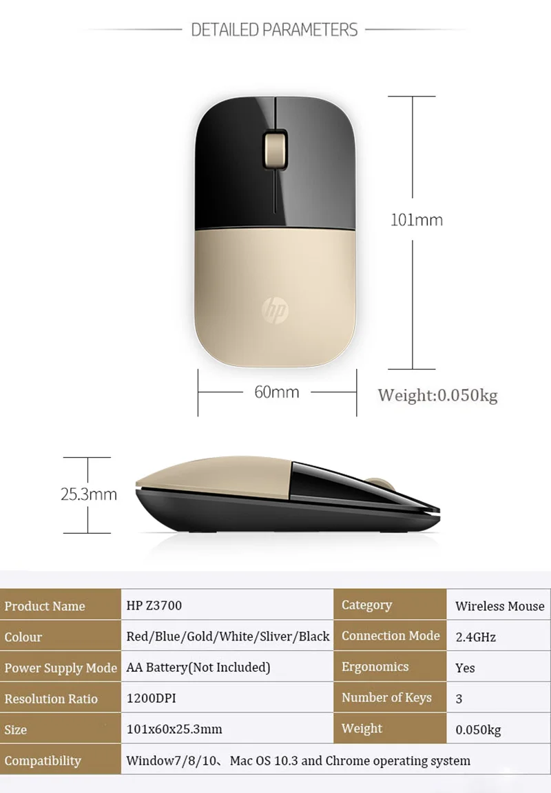 Новая оптическая беспроводная мышь hp 2,4 ГГц Z3700 Mute Slim Silent Colorful 1200 dpi для ноутбука, оригинальная мини-мыши
