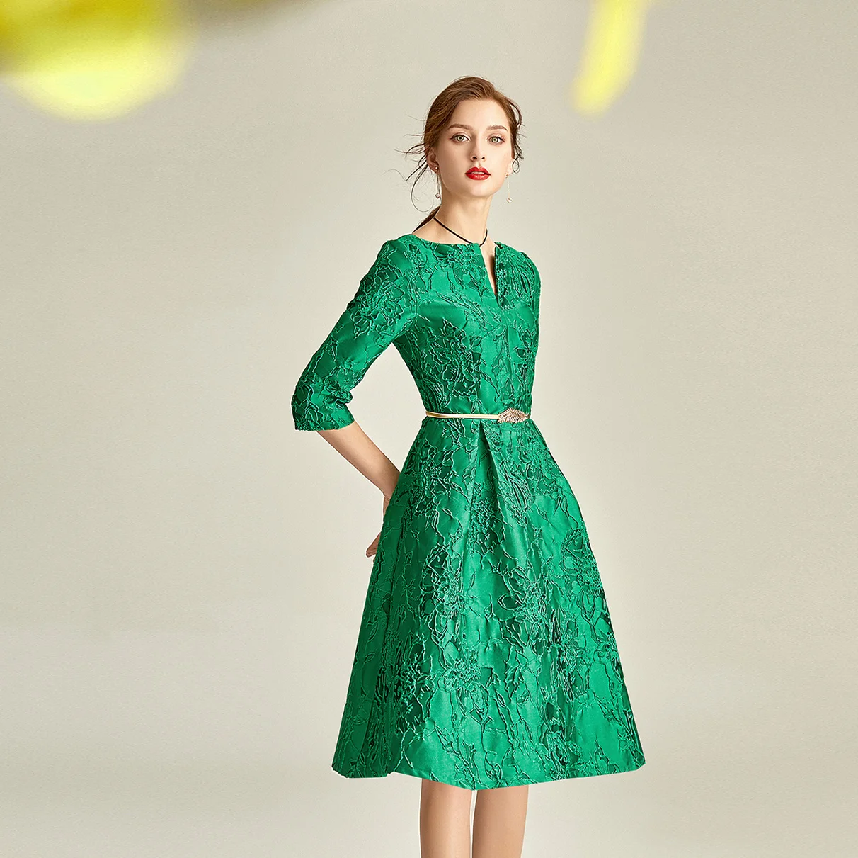 

Spring Fall Fashion Womens V Neck 3/4 Sleeve Dobby Flower Green Dress, High Waistwomen Clothes 2018 5xl Party Elegant Dresses