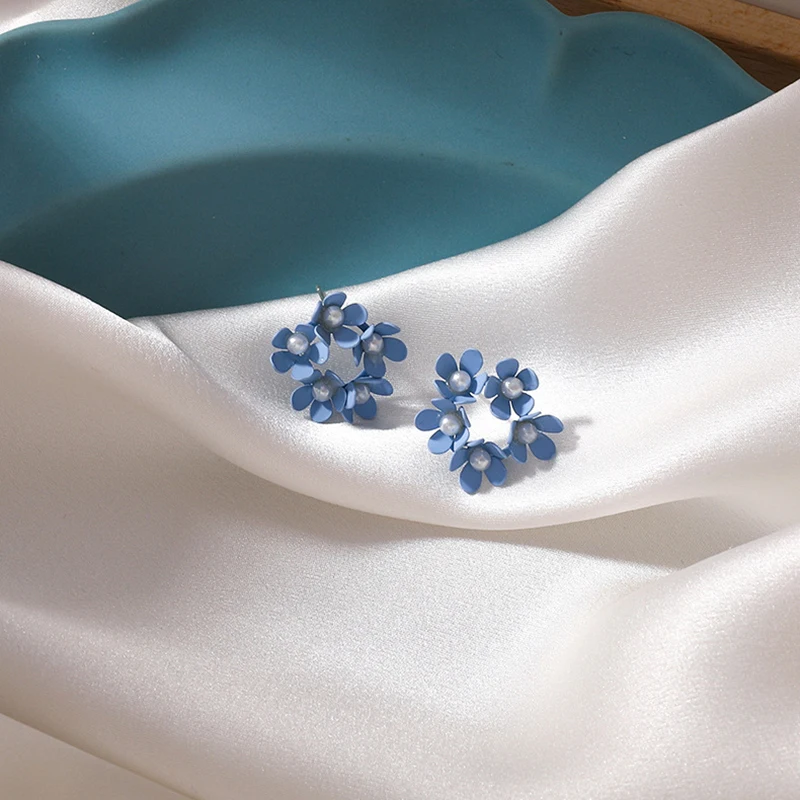 Синие корейские серьги простые Винтажные Женские Геометрические с цветком новые