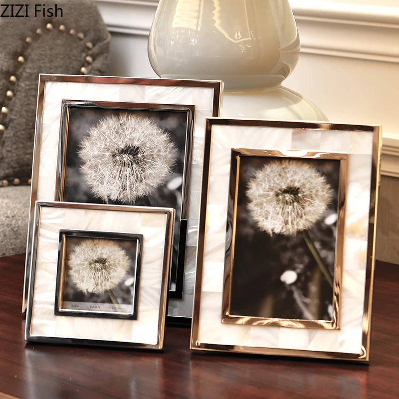 

Golden Alloy Photo Frame Natural Shell Material Framed Family Portrait Nightstand Desk Decoration 4/6/7 Inch Picture Frames