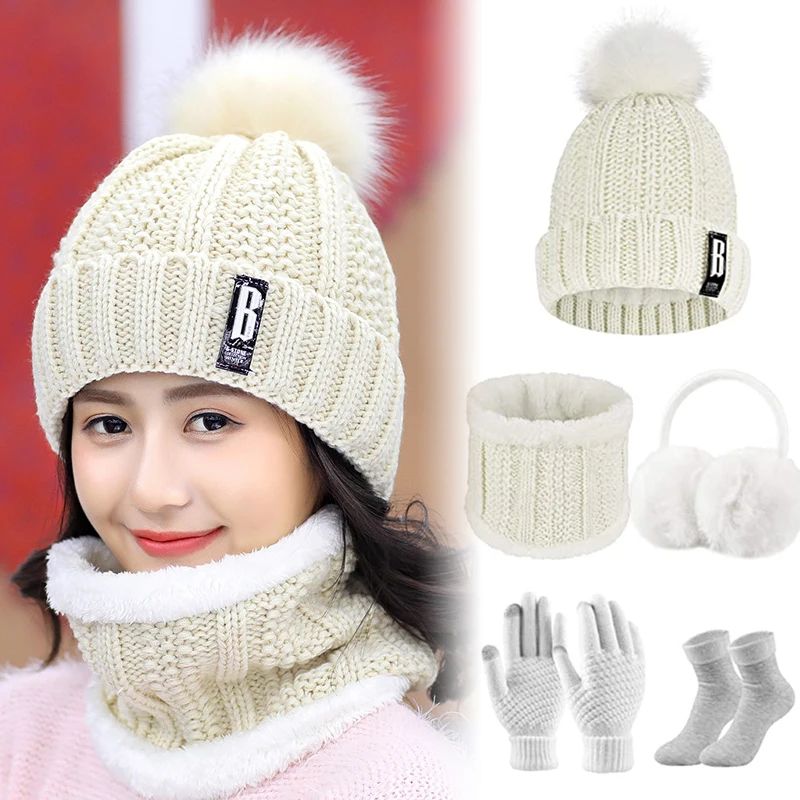 

Women Winter Knitted Hat and Scarf Set Winter Gloves Socks and Earmuffs Warming Outdoor Set TT@88