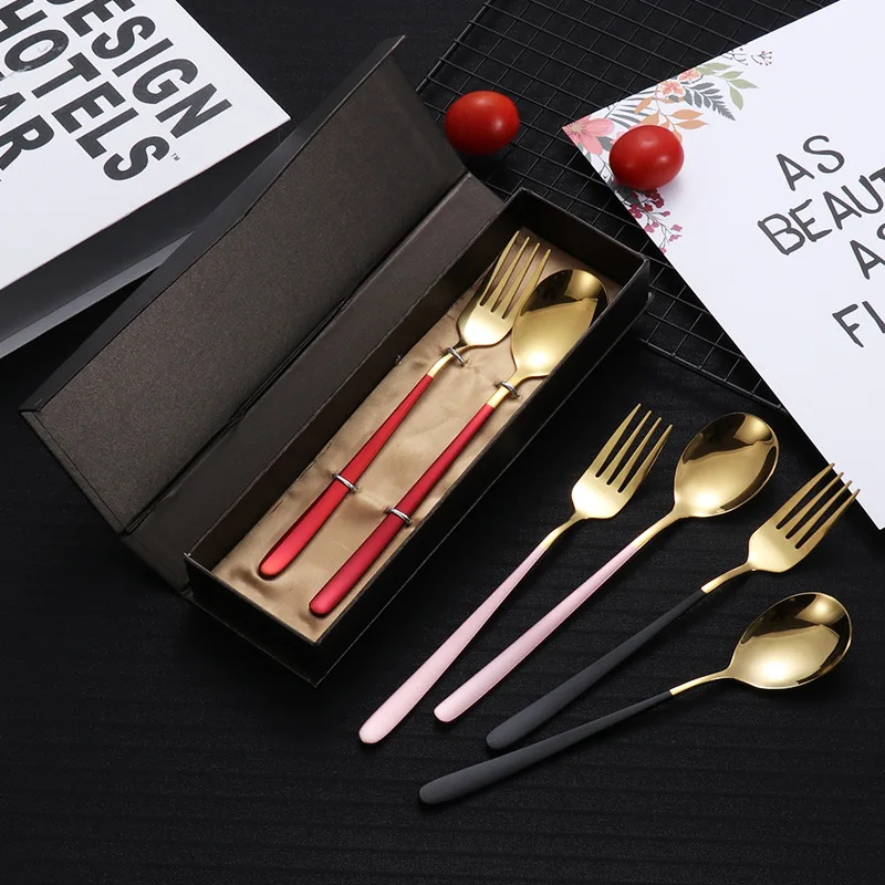 

Spoon Fork 2PCS/Set Tableware Stainless Steel Cutlery Set Portable Serving Spoon Set Colorful Unique Spoons Gift