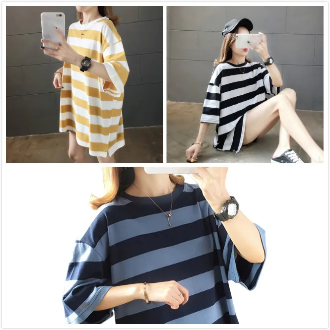 

New Wild Fashion Striped Short-sleeved T-shirt Loose Letter Printed Clothes Plus Size Women's Bottoming Shirt Tops