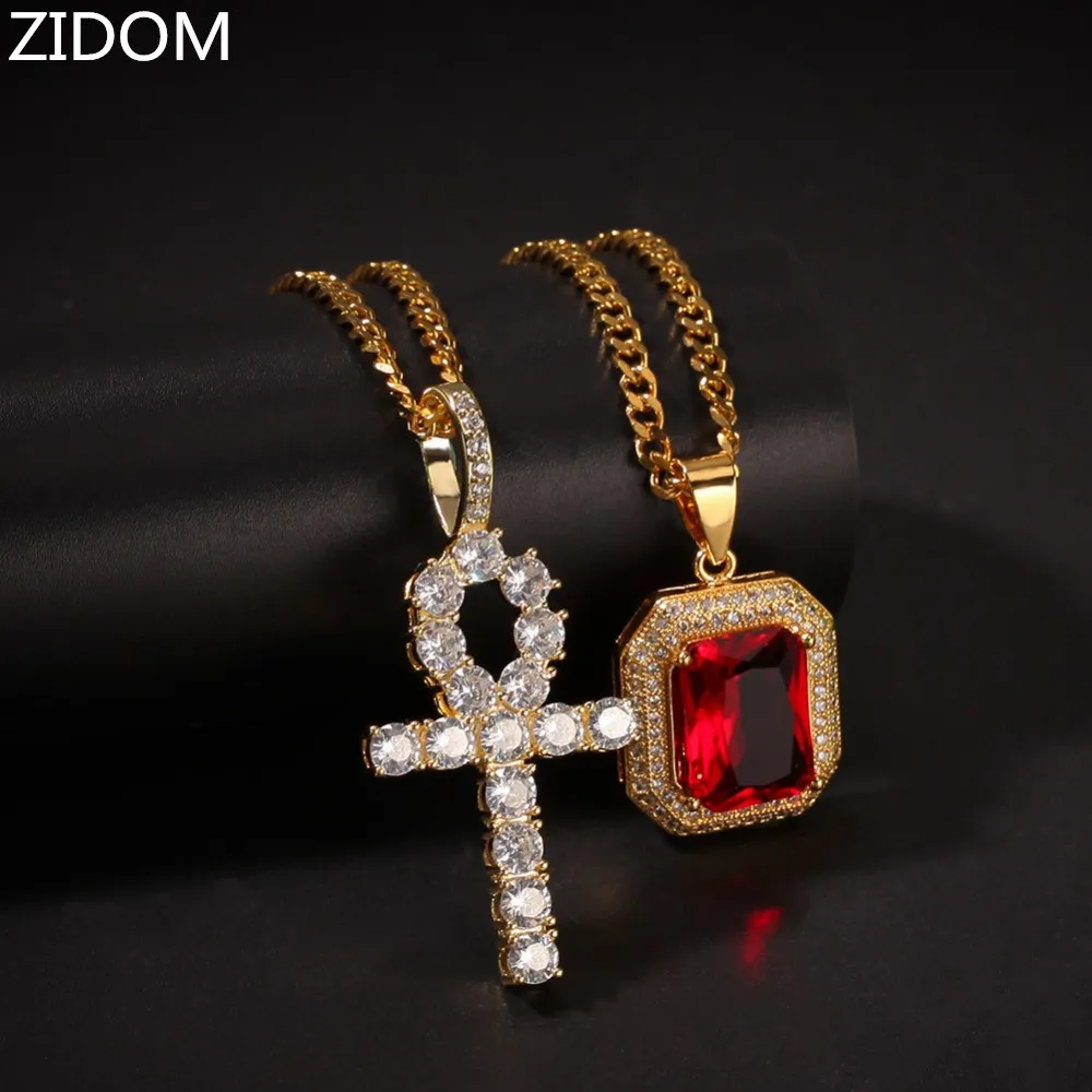 2 шт./компл. мужские хип хоп iced out bling Ankh Cross с драгоценным камнем кулон ожерелья AAA