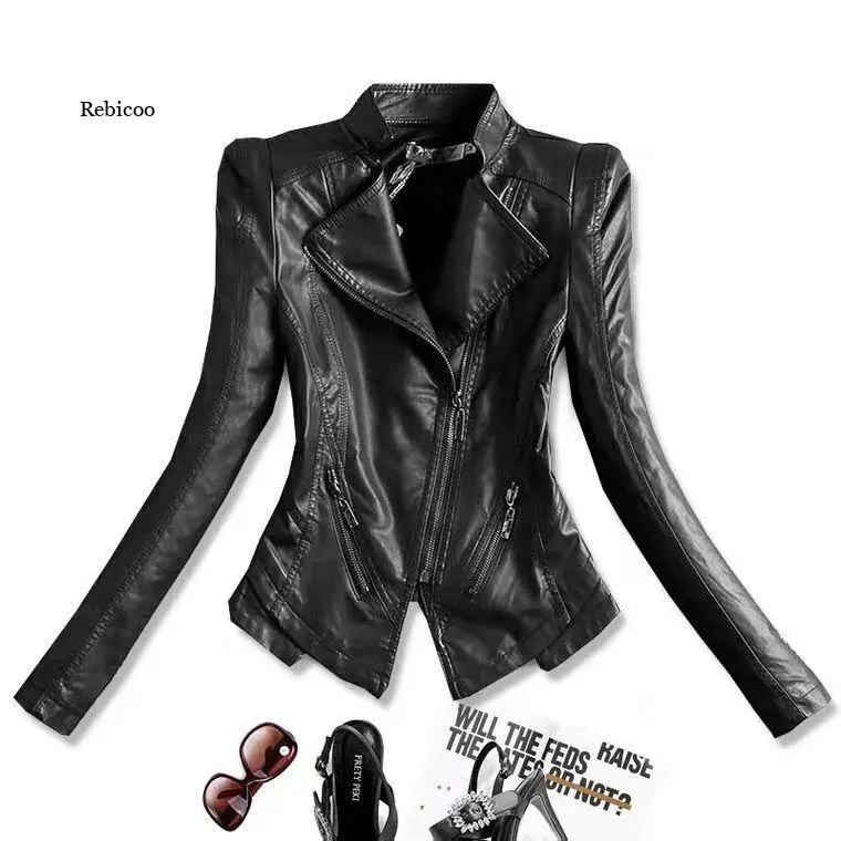 

Women's Leather Jacket New Slim Fashion Lace Stitching Leather Clothing Female Leather Coat Black Tops