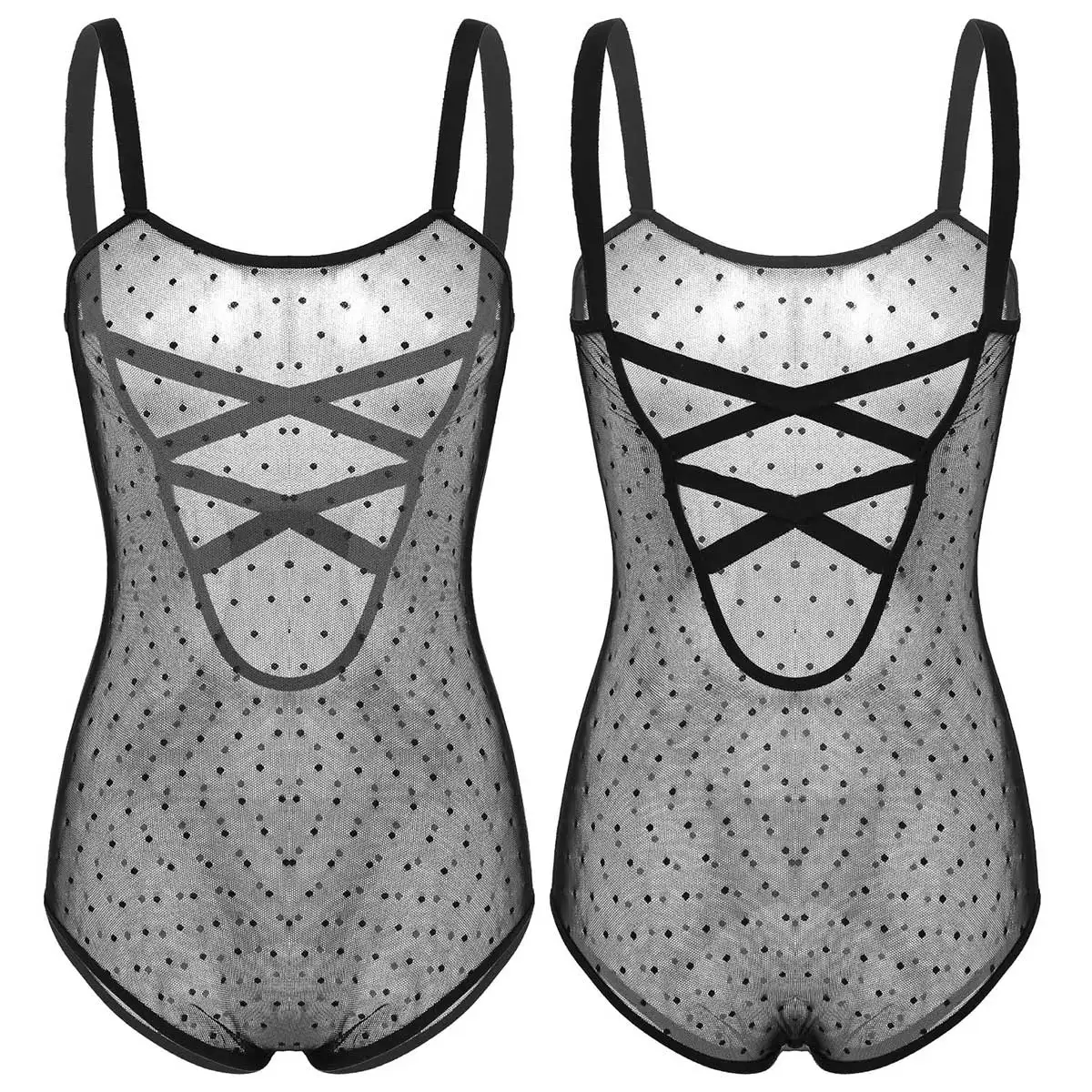 

iEFiEL Sexy Womens See Through Sheer Dotted Mesh Lingerie Spaghetti Shoulder Straps Criss-cross Back Leotard Bodysuit Nightwear