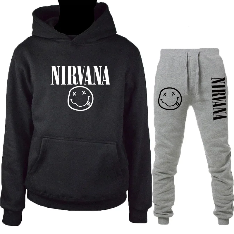 Новинка, осенняя и зимняя теплая толстовка Nirvana, Мужская/Женская модная Толстовка в стиле хип-хоп+ брюки, костюм из 2 предметов