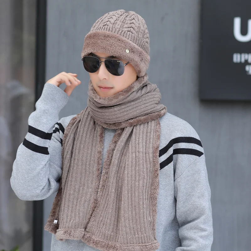 

New Knitting wool thickening Men Women Winter Scarf Hat Set Two Pieces Set Female Hats Scarves Winter Warm Mens Unisex