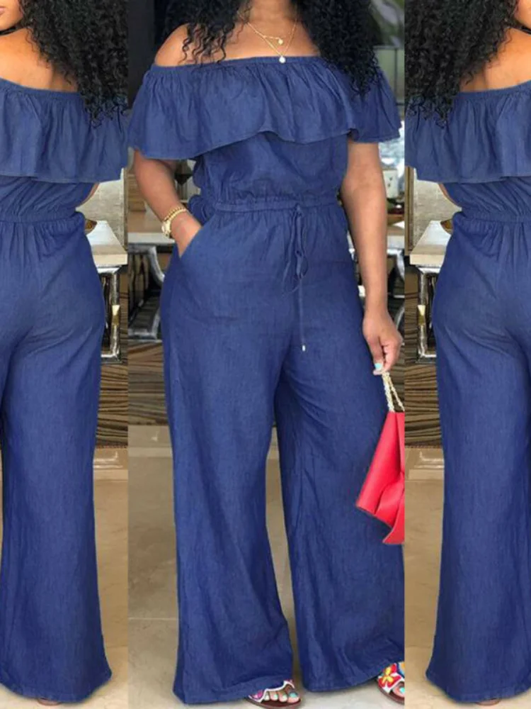 

Fashion Casual Women Solid Off Shoulder Long Romper Jumpsuit Bodysuit Overall Wide Legs Spring/Autumn Cotton Office Lady