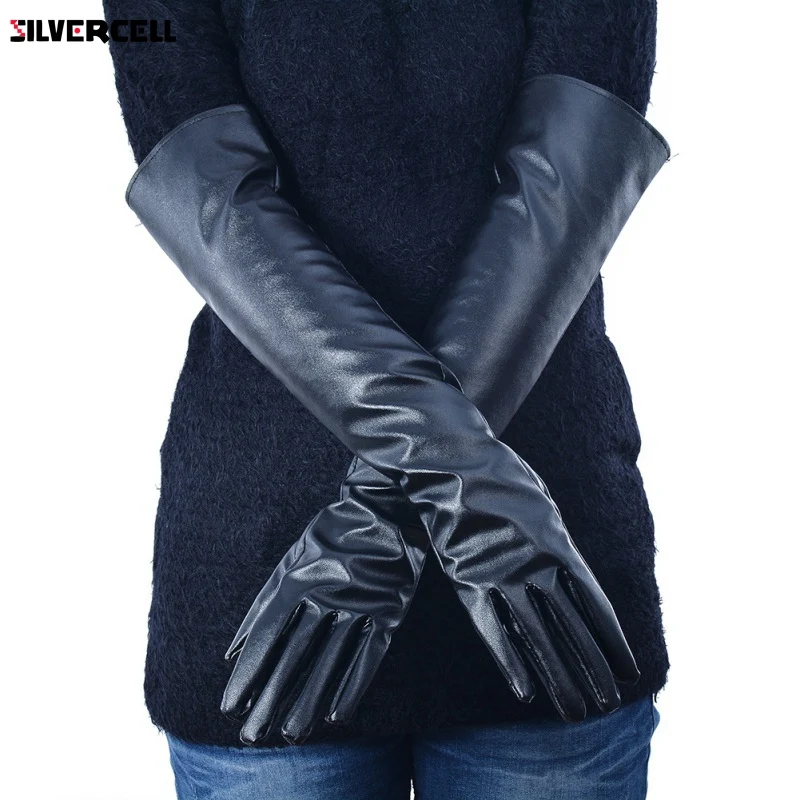 Women PU Faux Leather Elbow Gloves Winter Long Gloves Warm Lined Finger Gloves M-XL