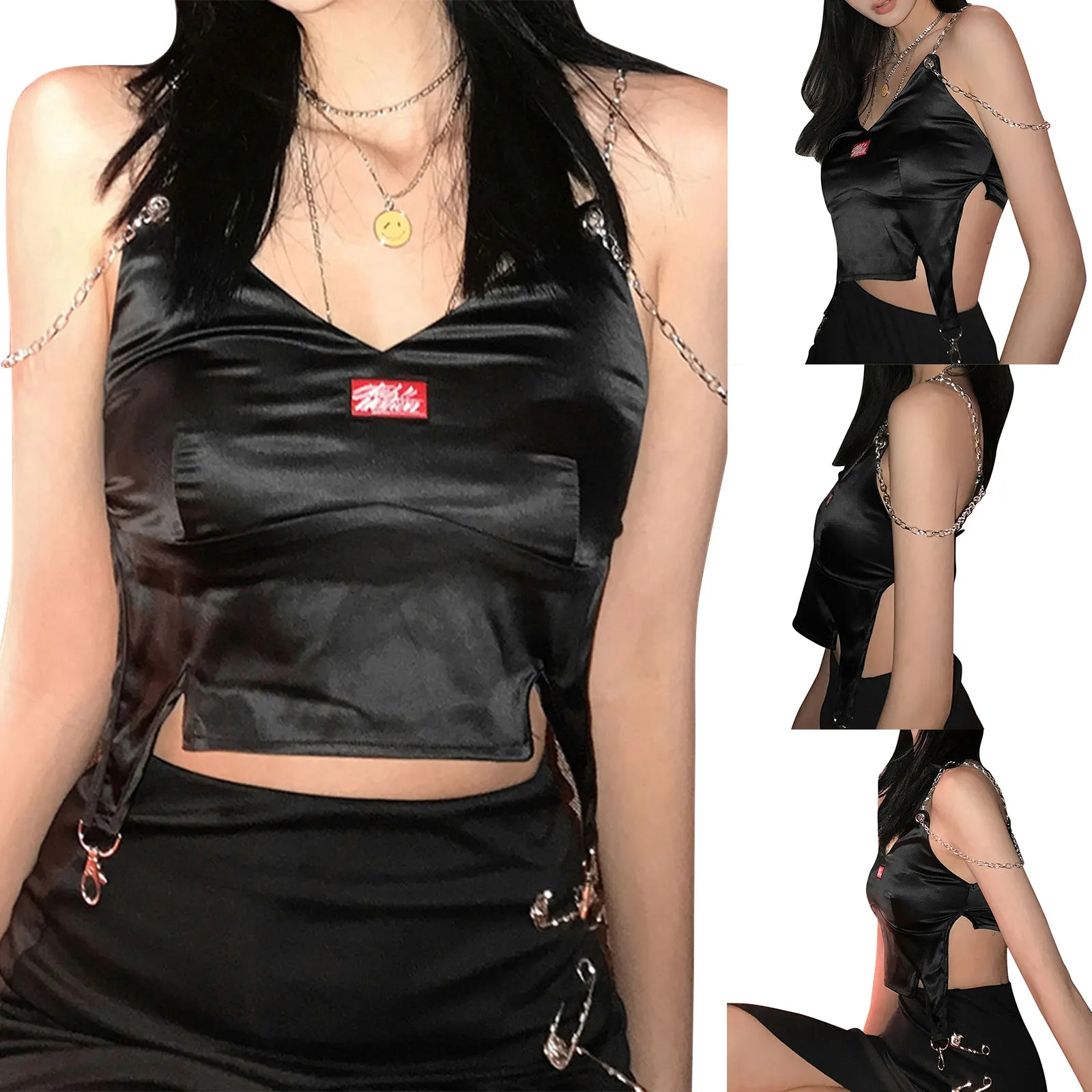 

Women Summer Camisoles Labeling Chains Straps V-Neck Vest Sleeveless Backless High Street Top with Buckles for Girls Black