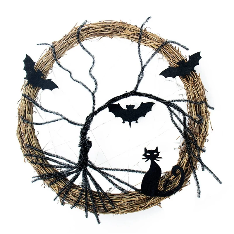 

Simulation Cat and Bat Glow Wreath Halloween Decorative Wreath Door Hanger for Halloween Home Party Decoration