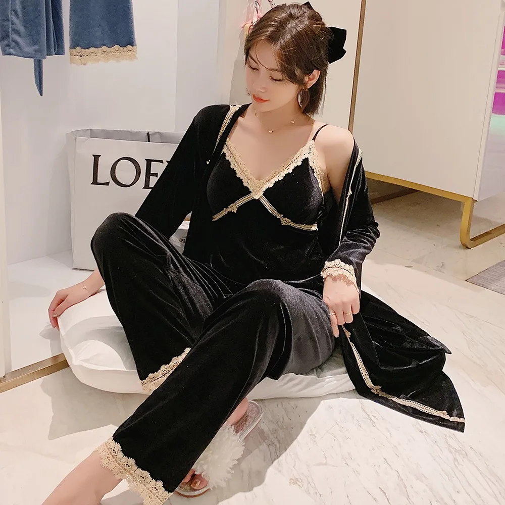 

Velvet Kimono Robe Gown Soft Sleepwear Women Velour Pajamas Suit Sexy 3PCS Nightwear Autumn New Intimate Lingerie Homewear