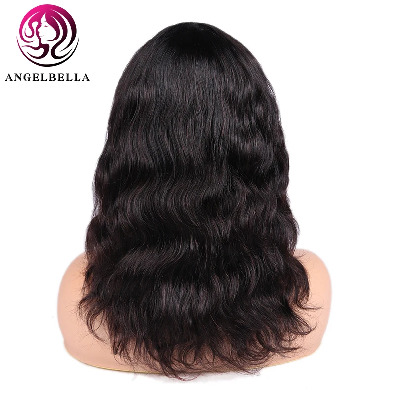 

Angelbella Brazilian Human Remy Hair Wigs 16 Inches Body Wave Bob Wig With Bangs 150 Density Natural Black Human Hair Wigs