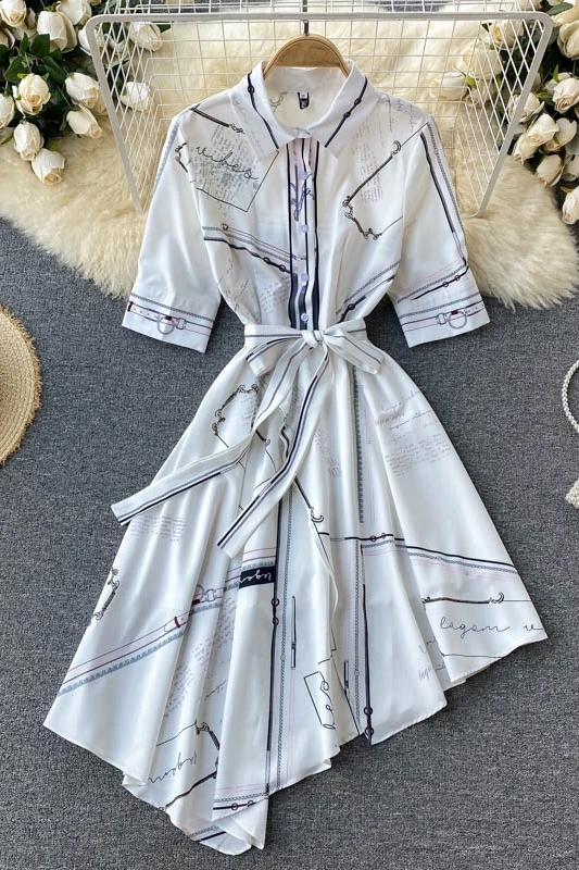 

Ladies summer temperament POLO neck tie waist dress 2021 new design sense printing irregular skirt
