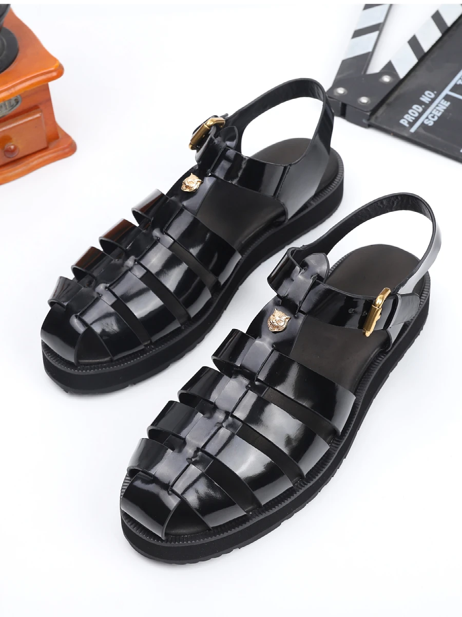 

Summer Style Cut-outs Men Sandals Buckle Fahiion Black Roman Shoes Mens Leather Italian Platform Sandals