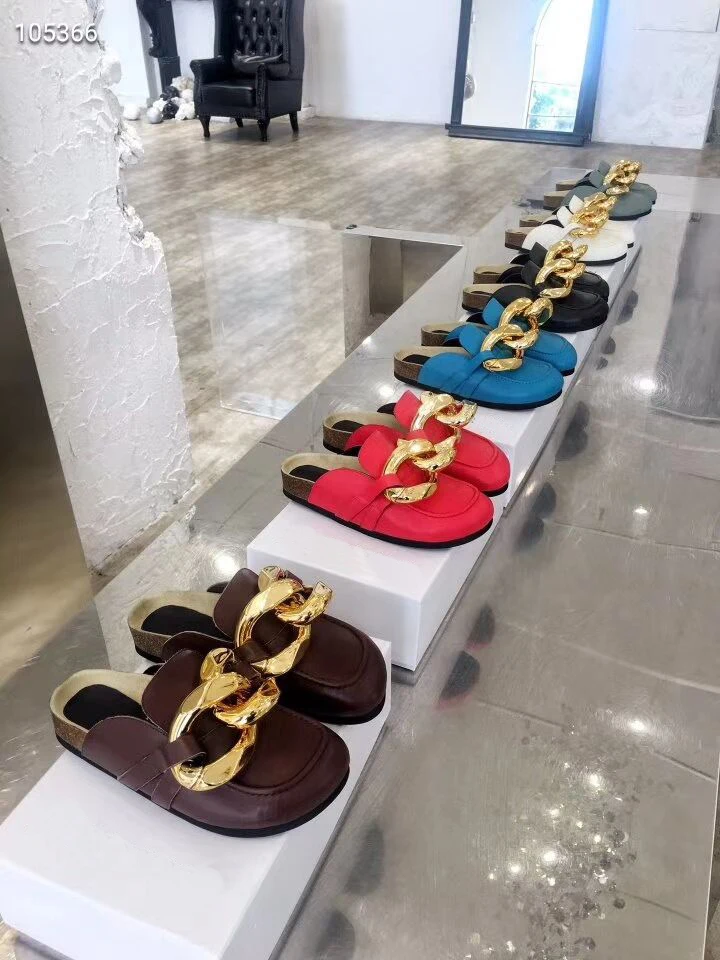 

Ollymurs Female Gold Chain Decor Round toe Flat Mules Lazy Loafers Shoes Outdoor Genuine Leather Casual Slippers Shoes