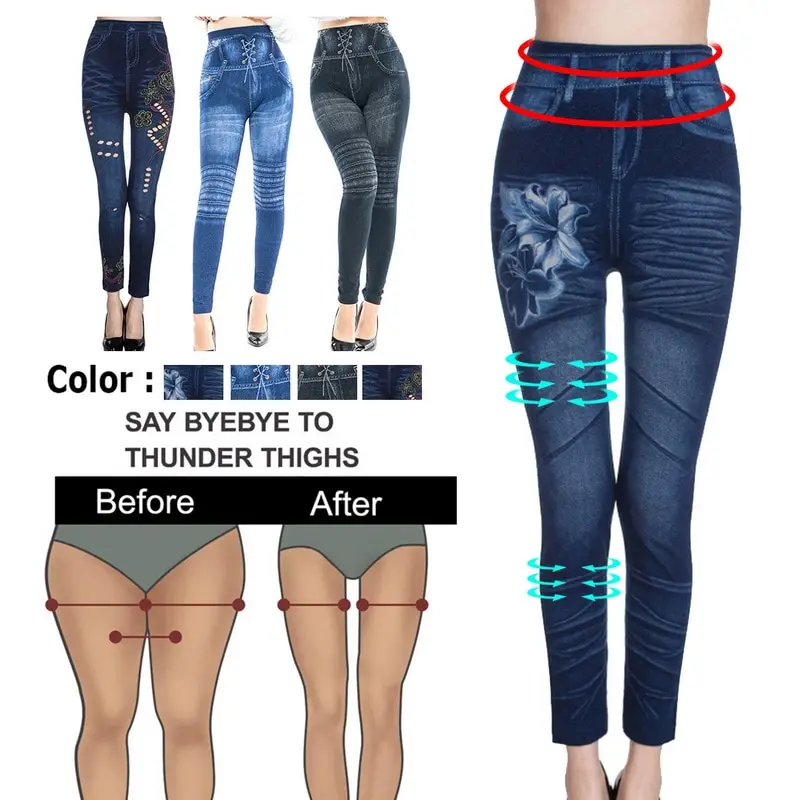 

2021 Spring Ladies Fashion Seamless Cotton Lily Print Imitation Jeans Leggings Ladies Nine-Point Pants Leggings