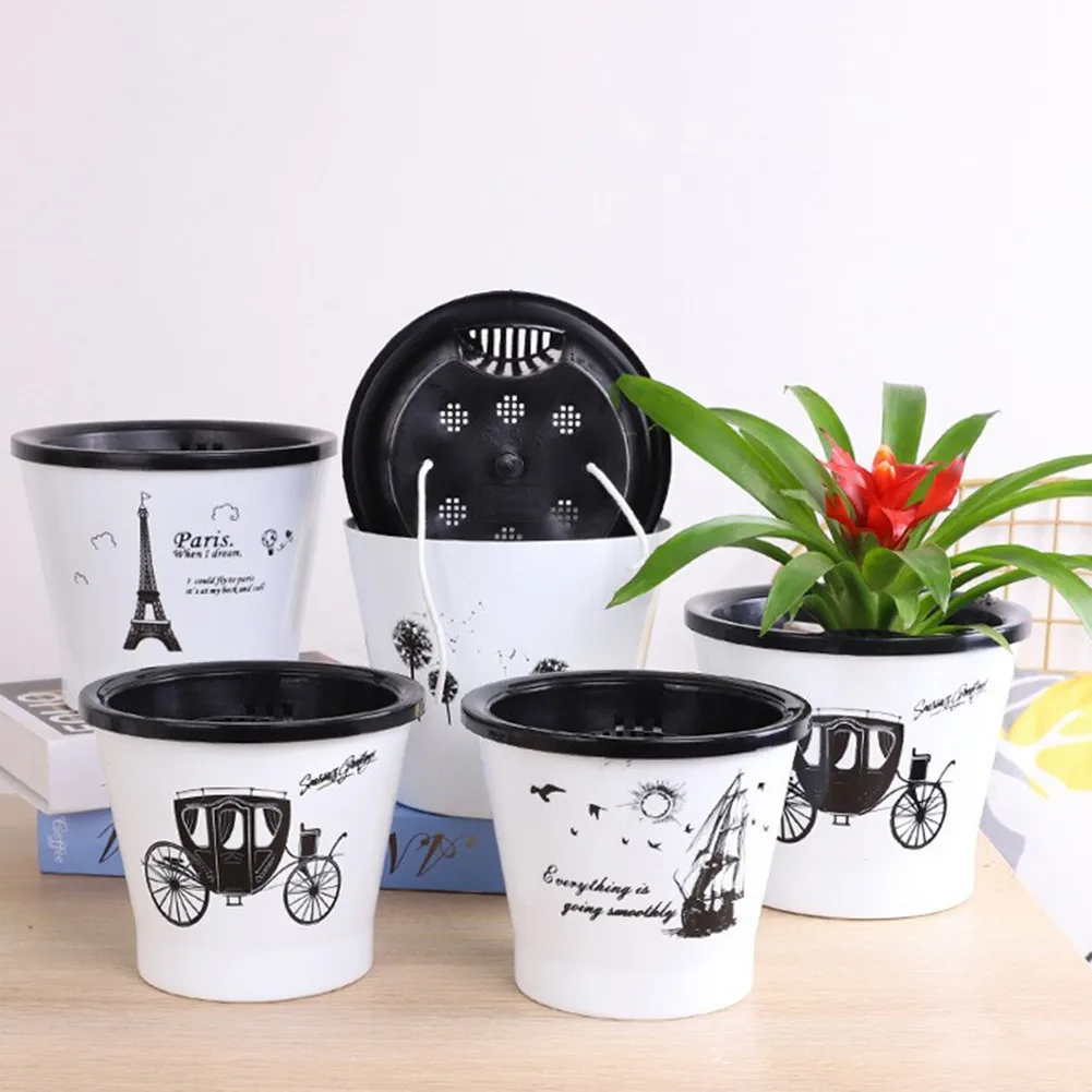 

Automatic Water-absorbing Lazy Flowerpot Hydroponic Desktop Resin Sailing Boat Eiffel Tower Printing Flower Pot Garden Decor