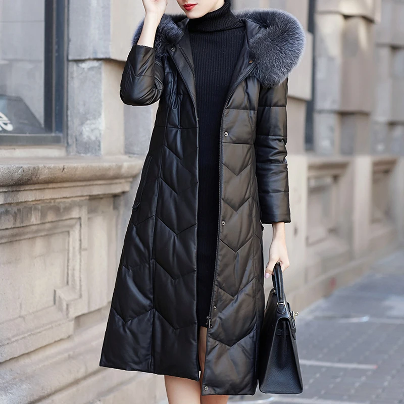 Leather Jacket Women's Autumn And Winter Real Fox Fur Zipper Down Jacket Long Warm Slim Jacket Women Sheepskin Down Coat M 7XL