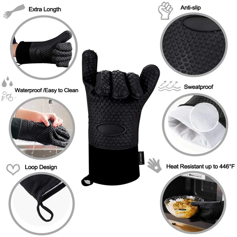 

Silicone Oven Mitts Heat Resistant 2PC Baking Gloves Kitchen Barbecue Cooking Grill Long Sleeve Gloves Inner Cotton BPA Free Blk