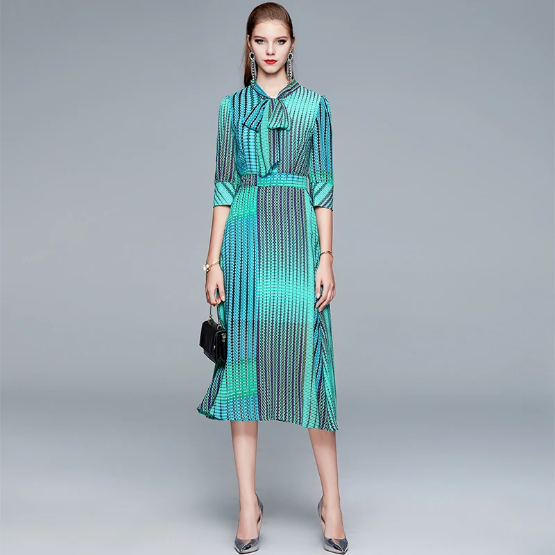 

YIZZHOY New Women Vintage Striped Printing Midi Dress Lady Casual High Waist A-line Slim Chiffon Bow Fashionable Mid-calf Dress
