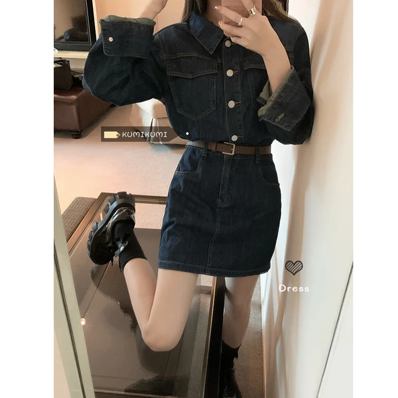 

Женская джинсовая юбка-рубашка с небольшой талией