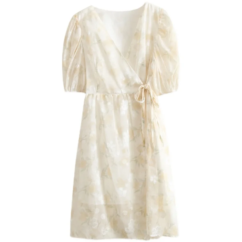 

New Summer Skirt French Style Bubble-Bubble Sleeve Printed Lace Party Dress