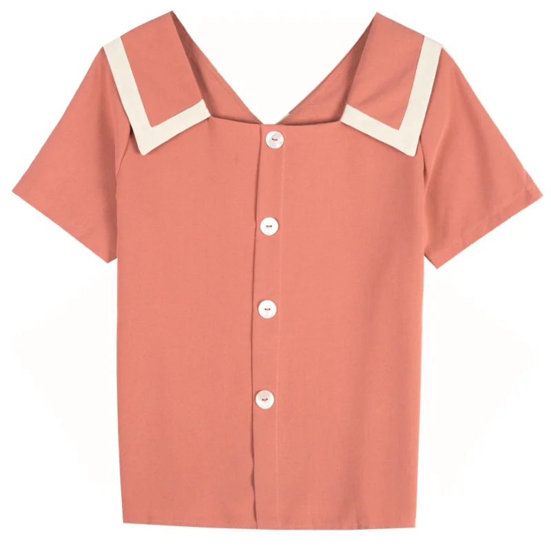 Женская блузка Весна-лето рубашка до ключицы с кукольным воротником V-образным