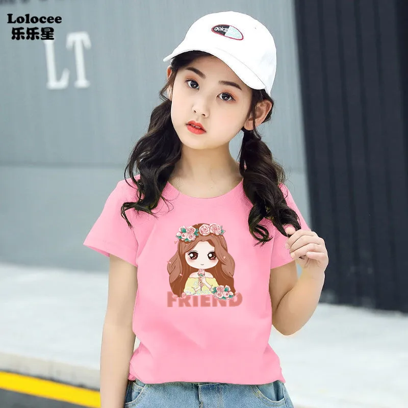 

T Shirts for Girls Cartoon Flower Girl Love Short Sleeve Kids Graphic Top Ladies Print Tee Fashion Tops