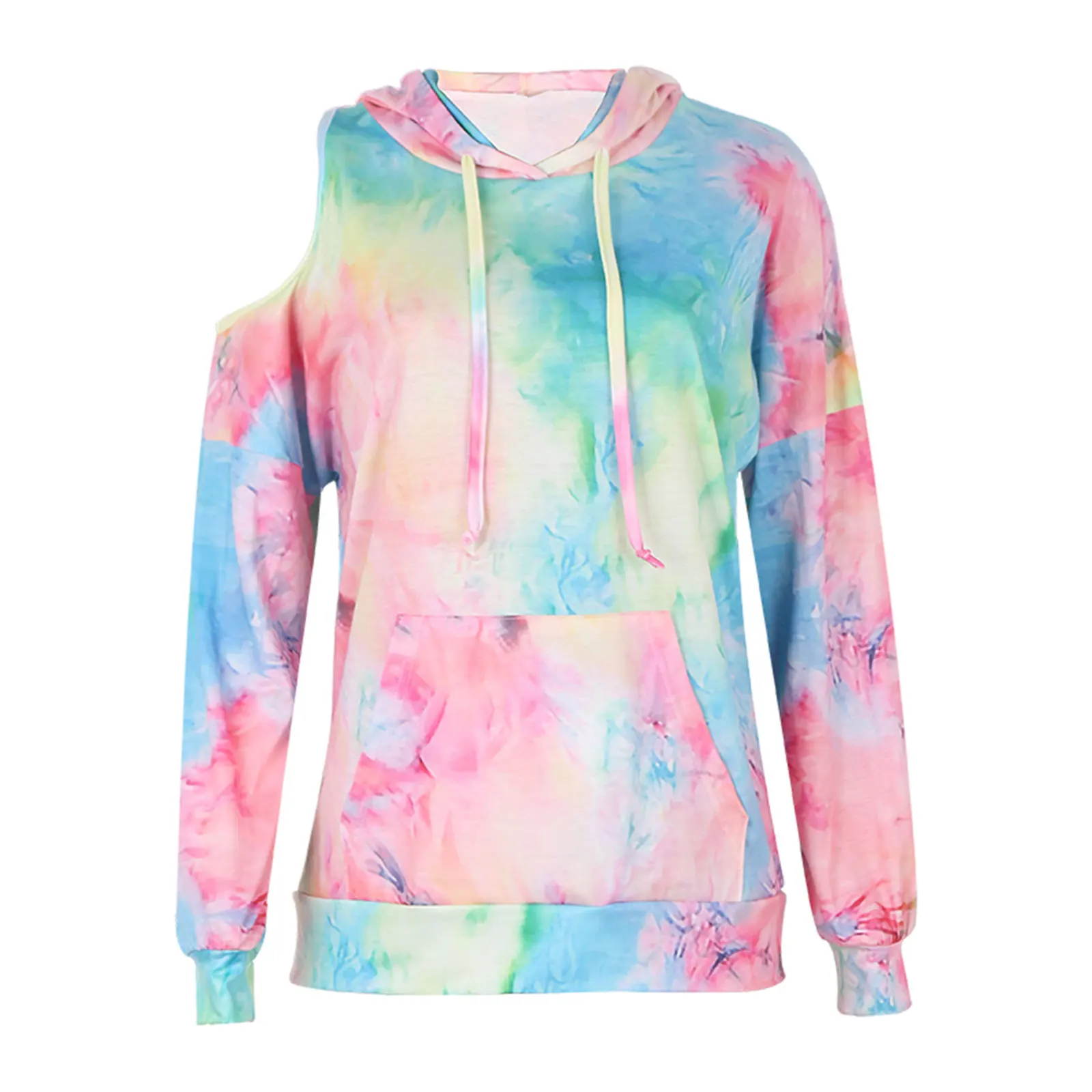 

Women's Tie-dyed Hooded Sweatshirt, Long Sleeve Rainbow Color One Off Shoulder Casual Pullover