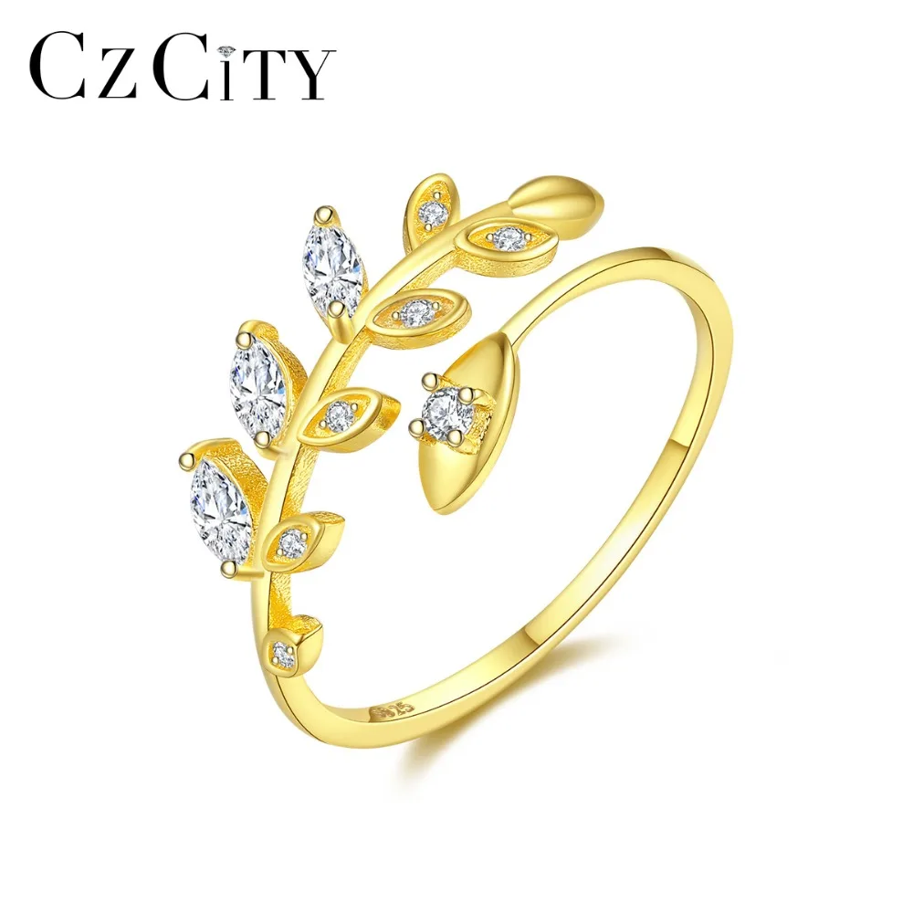 CZCITY Rings for Women 18K Gold Color Olive Leaf Wedding Bands Original 925 Sterling Silver Fine Classic Trendy Party Jewelry