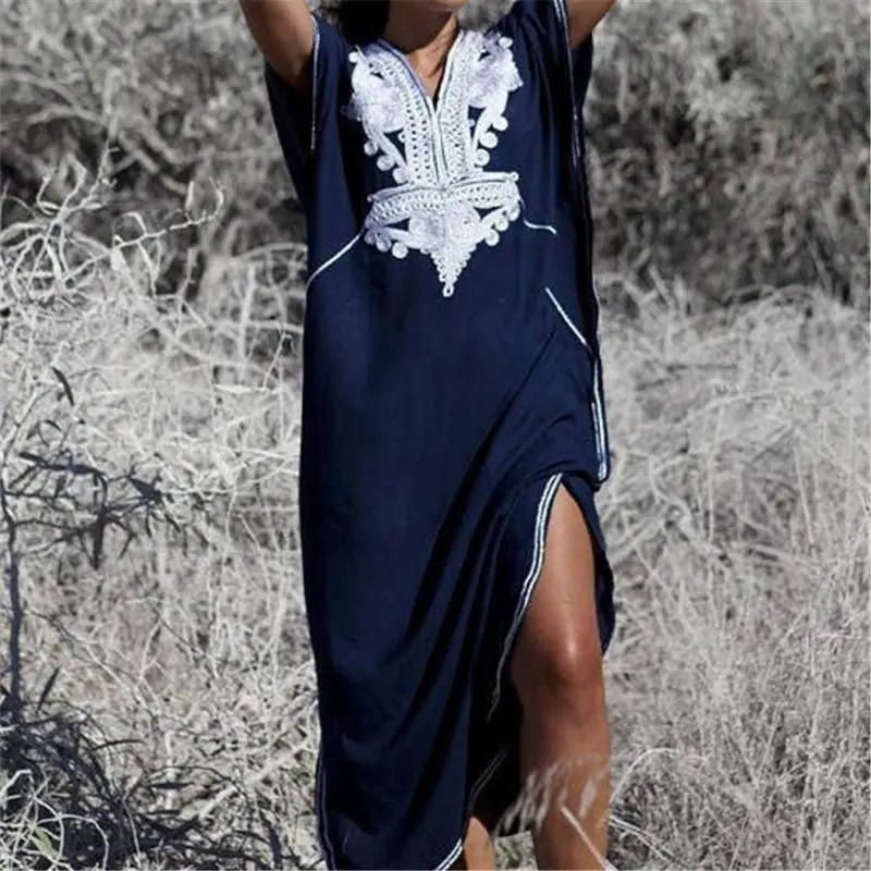 По сравнению с Размеры синего цвета вышивкой v-образный ворот короткий рукав