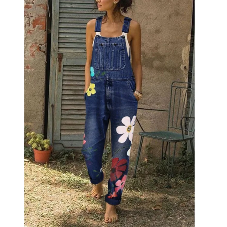 

Floral Skinny Denim Hemming Pants Jumpsuits Plus Size Denim Overalls Fashion Holes Summer Women Jeans Casual Washed Trousers