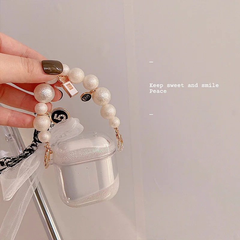 

Luxury Liquid quicksand Bow Pearl Bracelet Earphone Case For Airpods pro 3 hard Wireless Bluetooth For Airpods 2 Protective Cove