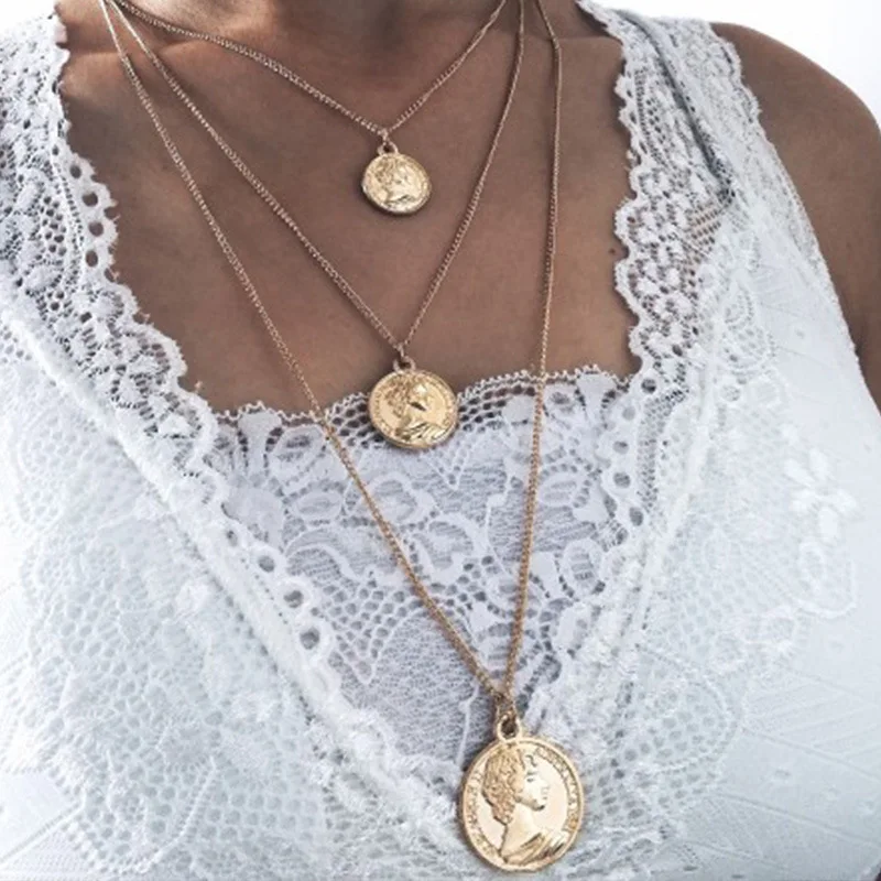 

Creative New Medal Carved Multilayer Necklace Pendant Bohemian Gold Silver Long Chain Necklaces for Women Fashion Neck Jewelry