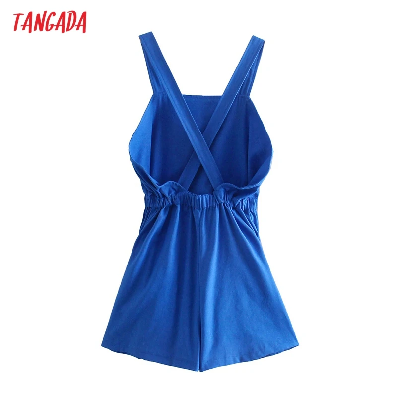 

Tangada Women Vintage Blue Playsuits Spaghetti Strap Sleeveless Rompers Ladies Summer Casual Chic Jumpsuits QD89